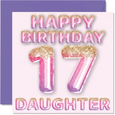 Image of 17th Birthday Card for Daughter Pink &amp; Purple Glitter Balloons Happy Cards 17 Year Old from Mum Dad Parents, 145mm x Bday Greeting Gift