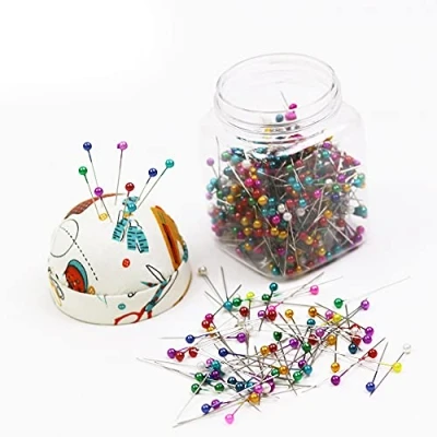 Image of ANCLLO 500pcs Multicolor Beads Needles Quilting Pins in Pink Fabric Covered Pin Cushion Bottle Sewing Craft