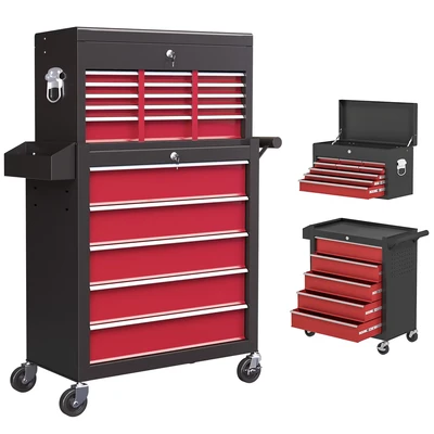 Image of HOMCOM Rolling Tool Cabinet on Wheels with 14 Drawers, Pegboard and Side Rack, Lockable Top Chest Roller Combo for Workshop Home, Red