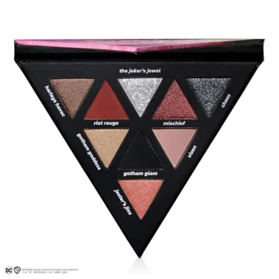 Image of Lottie London x Harley Quinn Mad Love eyeshadow palette in Toxic Love, 9 shade pastel blues and purple hues vibrant pink shades