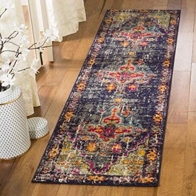 Image of SAFAVIEH Boho Chic Rug for Living Room, Dining Bedroom Monaco Collection, Short Pile, in Grey and Fuchsia, 66 X 244 cm