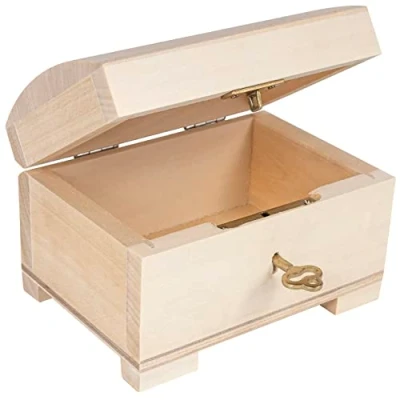 Image of Creative Deco Small Wooden Lockable Jewellery Box 10.6 x 7.5 cm Storage with Lid, Lock &amp; Key Plain, Unpainted Unfinished Easter Gift Craft Keepsake Trinket Treasure Chest