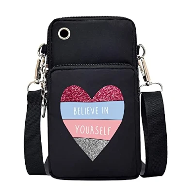 Image of FINDING CASE Love Women Girls men Zipper Waterproof Nylon 3 Layers Crossbody Bags Wallet Cellphone Purse Shoulder Bag Wristlet Handbags Adjustable Strap (Heart Believe)