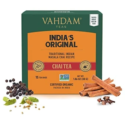Image of VAHDAM, India&#039;s Original Masala Chai Tea Bags (15 Pyramid Bags) 100% Natural Spices Black Tea, Cardamom, Cinnamon, Pepper &amp; Clove No Added Flavouring, Blended Packed in India