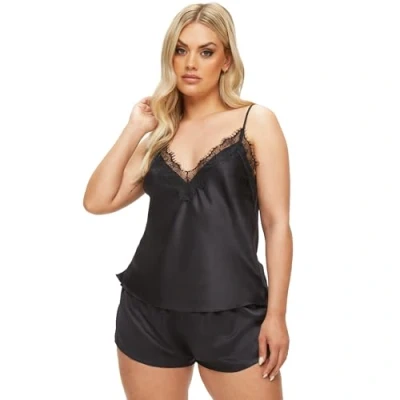 Image of Ann Summers Cerise Cami Satin Lounge Set for Women, V Neck Lingerie Pyjamas Set, and Shorts with Eyelash Lace Trim, Nightwear Women