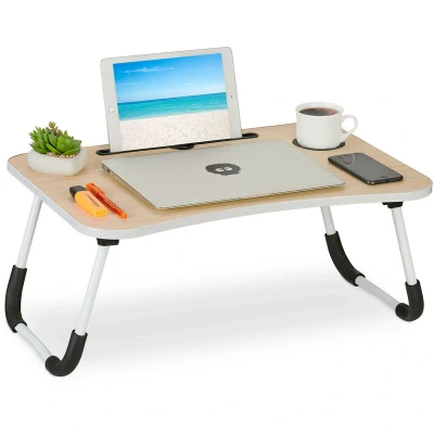 Image of Relaxdays Lap Desk, for Bed &amp; Sofa, Folding Laptop Tray, HWD: 26 x 63 40 cm, MDF Iron, Drinks Holder, Natural/White, Fibreboard