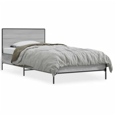 Image of vidaXL Single Bed Frame Grey Sonoma, Engineered Wood/Metal, 90x190cm, Plywood Slats, Sturdy Legs, Modern Bedroom Furniture