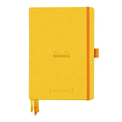 Image of RHODIA 118585C Daffodil Bullet Journal Goalbook Rigid Notebook A5 Dotted Dot 240 Pages 90g White Clairefontaine Paper 3 Ribbons, Elastic Closure Faux Leather Cover