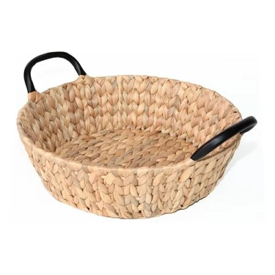 Image of Wickerfield Water Hyacinth Storage Basket for Shelves Wicker Gift Hamper with Black Handle Small Home Office Bathroom Organizer (Round, Small)