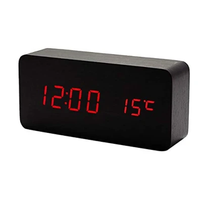 Image of Lancoon Wooden Digital Clock Multi function LED Alarm with Time/Date/Temperature Display and Voice Control for Home Office Travel AC11Black_Red
