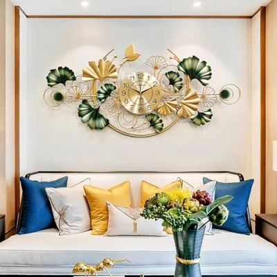 Image of SYLUOQP Large Modern Decorative Wall Clock Silent Metal 39 Inch Clocks Ginkgo Leaf Mute For Living Room Bedroom Hotel Porch Gold 50x100cm