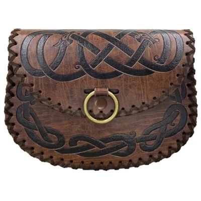 Image of HiiFeuer Viking Embossed Belt Bag, Vintage Medieval Faux Leather Side Pack, Middle Ages Portable Pouch for LARP Ren Faire (Brown A)