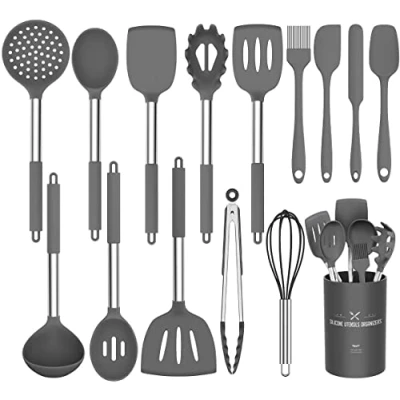 Image of Umite Chef Kitchen Utensil Set, 15pcs Silicone Cooking Utensils Tools Turner Tongs Spatula Spoon for Nonstick Heat Resistant Cookware (Grey)