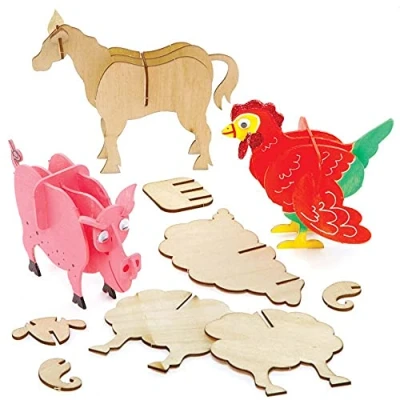 Image of Baker Ross FE511 Farm Animal Woodcraft Kits Pack of 5, Wooden Crafts for Children to Decorate and Display, Kids Educational Activity