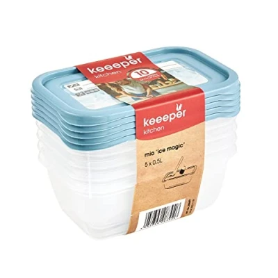 Image of keeeper 5 Piece Freezer Storage Box Set With Erasable Write On Lid, x 500 ml, 15.5 10.5 6 cm, Mia Magic Ice, Nordic Blue