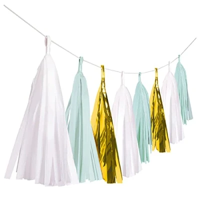 Image of Amscan 9910289 Ready to Pop Baby Shower Blue &amp; Gold Tassel Garland Decoration 6m