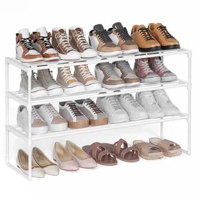 Image of SONGMICS 3 Tier Shoe Rack, Storage Organiser, Metal Upright or Upside Down, Fits 16 to 20 Pairs, Stackable, for Hallway, 30 x 92 55 cm, Pearl White LSA303W03