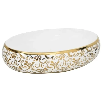 Image of vidaXL Countertop Basin in Oval Shape Ceramic Craftsmanship, Elegant White and Gold Finish, Ideal for Bathroom, Washroom or Powder Room