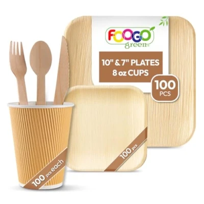 Image of FOOGO Green 600pcs Disposable Palm Leaf Plates, Paper Cups and Wooden Cutlery Set,FSC® Certified, 100x Large Square Small Side Cups, Forks, Knives, Spoons, Eco