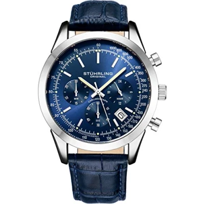 Image of Stuhrling Original Mens Watches Chronograph Analog Blue Watch Dial with Date Tachymeter 24 Hour Subdial Leather Strap