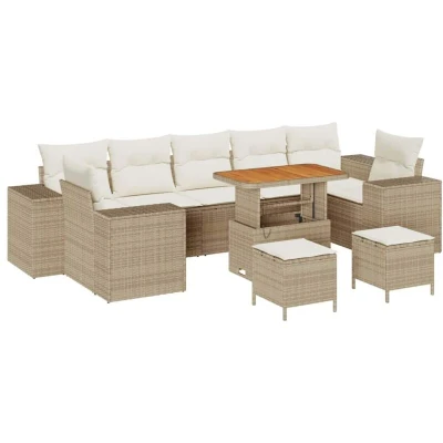 Image of vidaXL 10 Piece Garden Sofa Set with Cushions Beige Poly Rattan Acacia