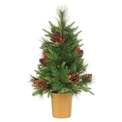 Image of Artifical Small Christmas Tree Mixed Pine Pre Decorated Cones Red Berries 90cm