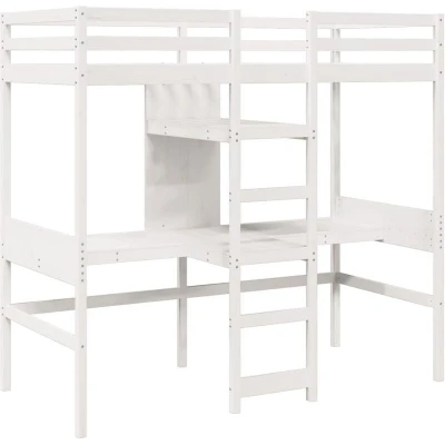 Image of vidaXL Loft Bed Frame with Desks and Shelves White Solid Pine Wood 80x200cm, Space Saving Bunk for Small Bedrooms