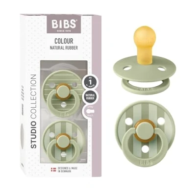 Image of BIBS Colour Studio Soother 2 Pack, BPA Free Dummy Pacifier, Round Nipple. Natural Rubber Latex, Made in Denmark, Size 1 (0 6 Months), Pin Sage