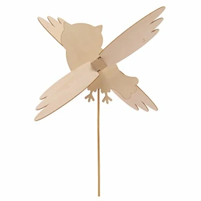 Image of Baker Ross FE647 Owl Wooden Windmill Kits Pack of 3, Windmills for Garden, Make Your Own Wind Spinner, Crafts Children to Make, Decorate and Display