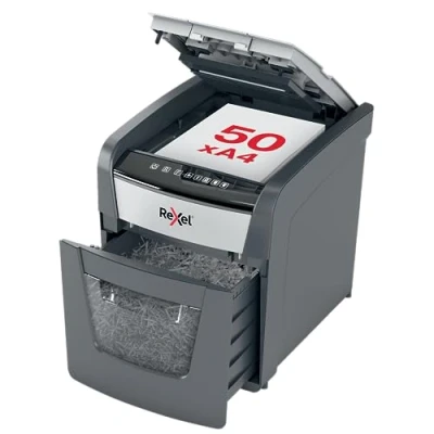 Image of Rexel Optimum Auto Feed+ 50 Sheet Automatic Cross Cut Paper Shredder, P 4 Security, Home/Home Office, 20 Litre Removable Bin, 2020050X, Black