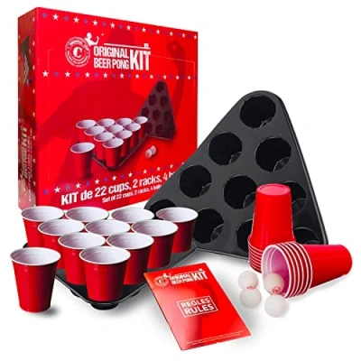 Image of Original Official Beer Pong Kit® Complete Pack Premium Quality 22 Red Cups 2 Spacing Racks 4 Balls Rules Drinking Game Party OriginalCup®