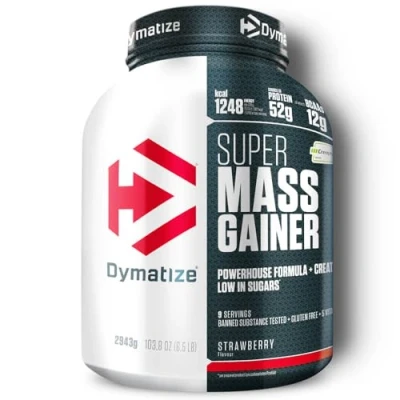 Image of Dymatize Super Mass Gainer Strawberry 2943g Weight Powder + Carbohydrates, Creapure Creatine, BCAAs, Casein