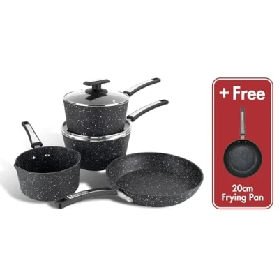 Image of Scoville XTRA 4+1 Piece Cookware Set, Non Stick Pans Neverstick Coated, 16cm Milk Pan, 18/20cm Saucepans with Lids, 20/24cm Frying Pans, Suitable for All Hobs, Aluminium, Black [Amazon Exclusive]