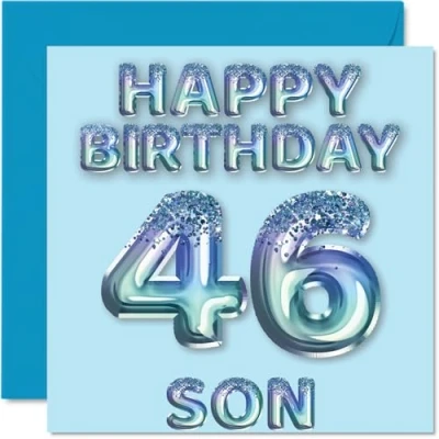 Image of 46th Birthday Card for Son Blue Glitter Party Balloons Happy Cards 46 Year Old from Mum Dad Parents, 145mm x Bday Greeting Gift
