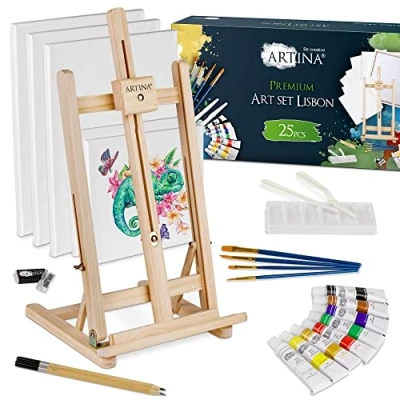 Image of Artina Painting Set 25 pcs Lisbon Acrylic Art Artist with FSC Table Top Easel Canvas Kit Complete Supplies Stretcher Frames