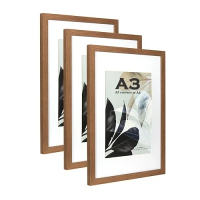 Image of Brown Wooden Picture Frame A3 with Mat,Set of 3, Mount for A4 or Certificate,Wall Mountable