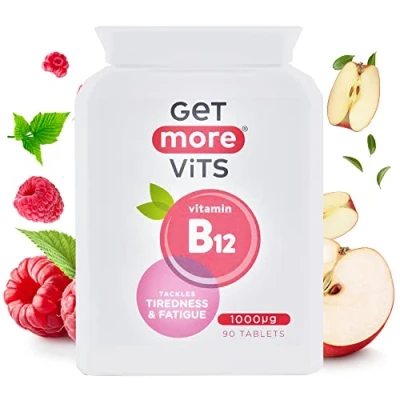 Image of Get More Vits Vitamin B12 (90 Tablets), 90 1000µg Daily Servings, Tackles Tiredness &amp; Fatigue, Promotes Stronger Immune System, Boosts Normal Cell Growth, Vegetarian, Vegan, Food Supplement