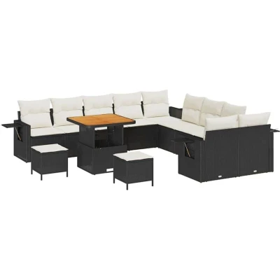 Image of vidaXL 13 Piece Garden Sofa Set with Cushions Black Poly Rattan Acacia