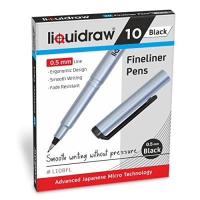 Image of Liquidraw 10 Black Fineliner Pens Set Fine Point 0.5mm Fineliners Coloured For Artists, Architects, Technical Drawing, Handwriting, Calligraphy, Sketching, &amp; Illustrations