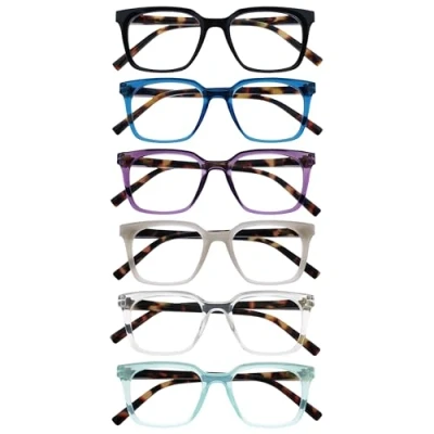 Image of OPULIZE KOI Reading Glasses 6 Pack Large Rectangular Frame Black Blue Purple Grey Clear Aqua Mens Womens Spring Hinges RRRRRR50 1357CQ +1.00