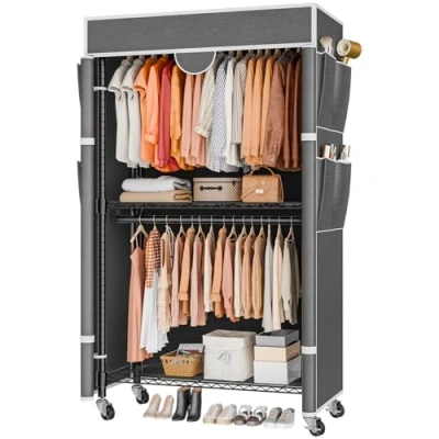 Image of Himimi 3 tier Clothes Rack with Cover Heavy Duty on Wheels Adjustable Height, Stable Metal Rail 2 Hanging Rails and 4 Side Pockets, 90 * 45 205cm, Gray