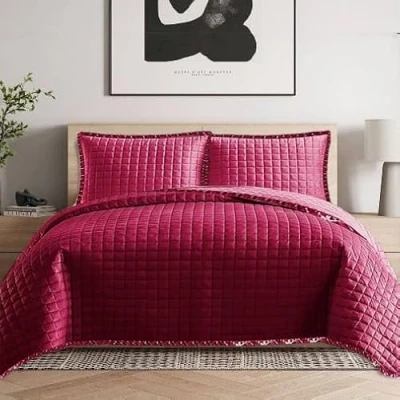 Image of 3 Piece Embossed Bedspread Quilted Comforter Luxury Bed Throw with Pillow Shams Bedding Set Red King