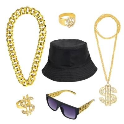 Image of GADITIEK 6PCS Hip Hop Costume Kit, 80s 90s Fancy Dress, Rapper Accessories, Fake Gold Chain Bracelet, Dollar Sign Necklace, Ring, Hippie Glasses for Women Men