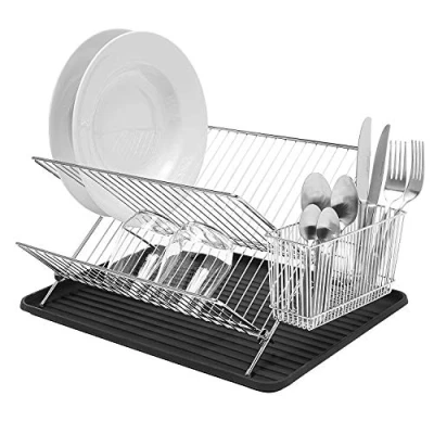 Image of simplywire Folding Dish Drainer Plate Drying Rack with Cutlery Holder Chrome