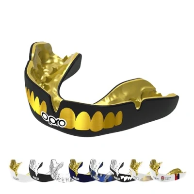 Image of OPRO Instant Custom Fit Mouth Guard, Dentist Mouthguard, Revolutionary Fitting Technology for Ultimate Comfort, Protection &amp; Fit, Gum Shield Rugby, Boxing, Hockey, MMA (Gold Teeth, Adult)