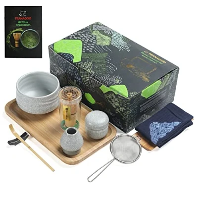 Image of TEANAGOO Matcha Tea Set, Japanese Bowl, Bamboo Whisk, Scoop, Sifter, Whisk Holder, Stand, Set O5,Matcha Green Powder Kit. Tray