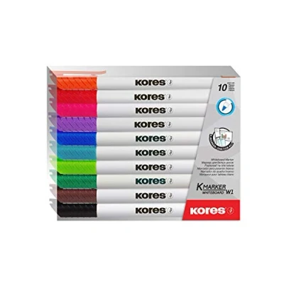 Image of Kores Coloured Whiteboard Marker Pens K W1, Fine Bullet Tip with Low Odour Ink Dry Wipe School Supplies, Office Supplies Pack of 10 in Assorted Colours