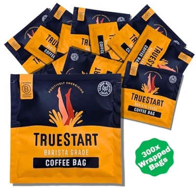 Image of TrueStart Wrapped 300 Coffee Bags Energising Colombian Arabica, Quick Brew Bag, Biodegradable in Recyclable Pouch, Little for Travel