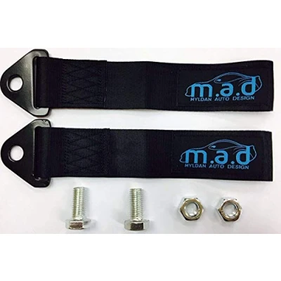 Image of 2 x BLACK M.A.D 280MM TOW STRAP LOOP RECOVERY HOOK TRACK DAY RACE CAR DRIFT