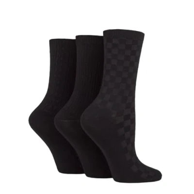 Image of Women&#039;s 3 Pair SOCKSHOP Patterned Plain and Striped Bamboo Socks Black Textured 4 8 Ladies
